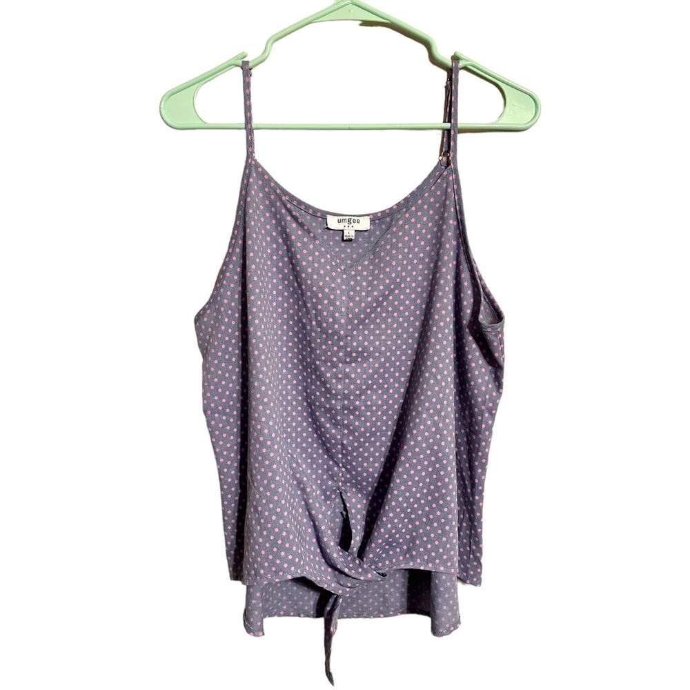 Umgee USA Blue and Pink Polka Dot Tie Front Tank Top Size Large Cotton Blend